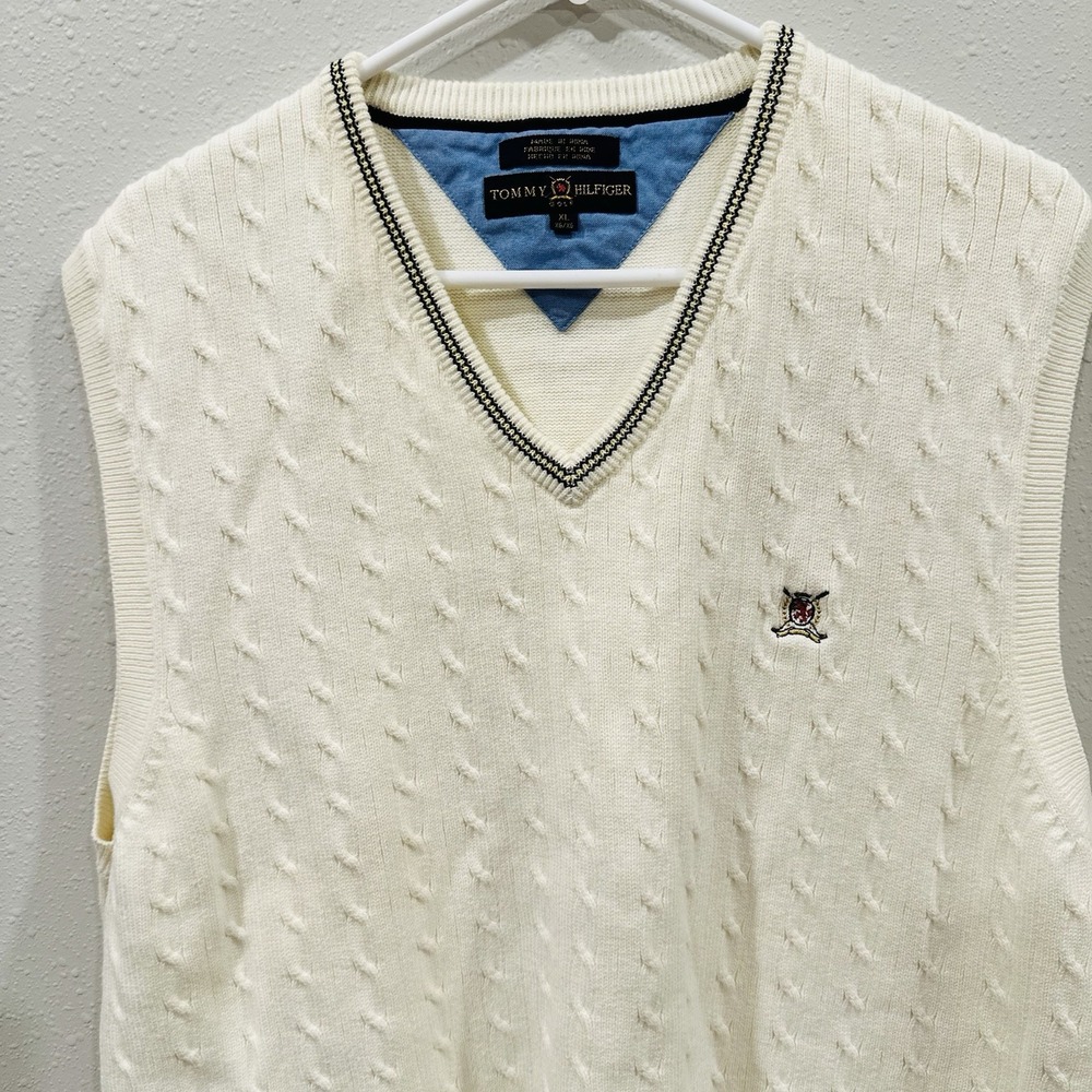 Vintage Tommy Hilfiger Golf Men V Neck Cable Knit Sweater Vest Cream szXL Preppy - Picture 2 of 14